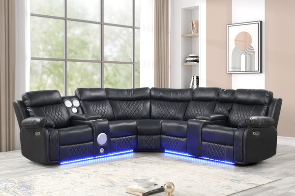Black Upholstered LED Sectional with Speakers
