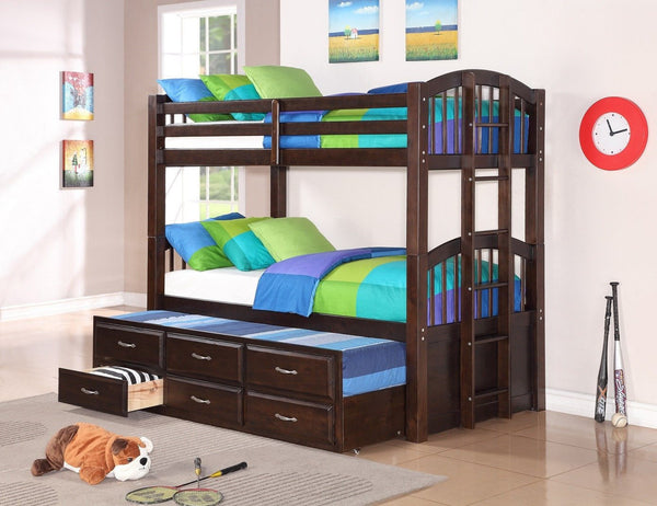 Twin / Twin Espresso Finish Wood Bunk Bed w/ Trundle Bed & Drawers - Furnlander