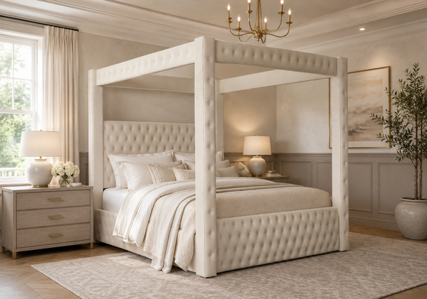 Beige Upholstered Canopy Bed