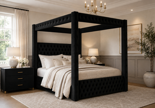 Black Upholstered Canopy Bed