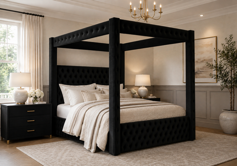 Black Upholstered Canopy Bed
