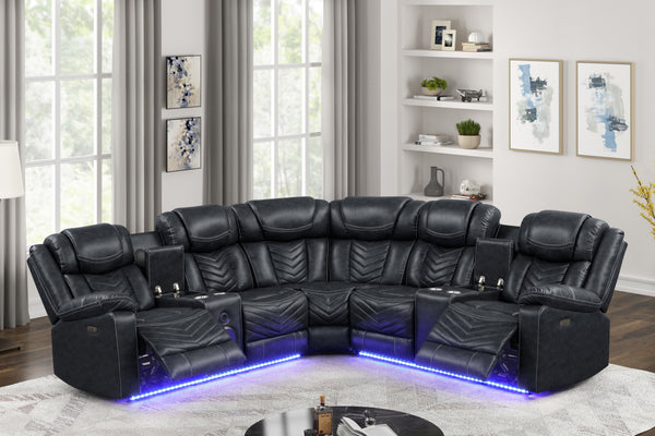 Black Upholstered LED Sectional with Speakers