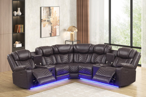 Espresso Upholstered LED Sectional with Speakers