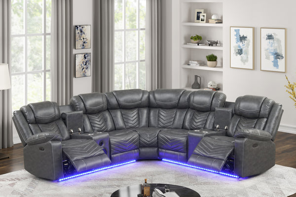 Gray Upholstered LED Sectional with Speakers