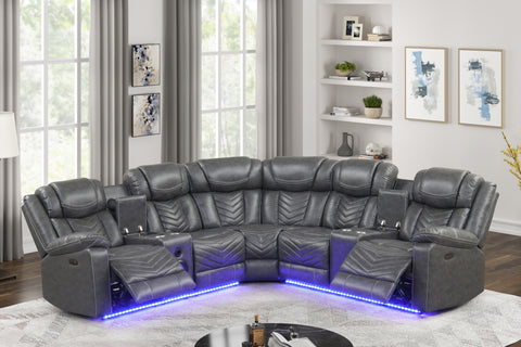 Gray Upholstered LED Sectional with Speakers