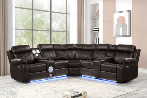 Espresso Upholstered LED Sectional with Speakers