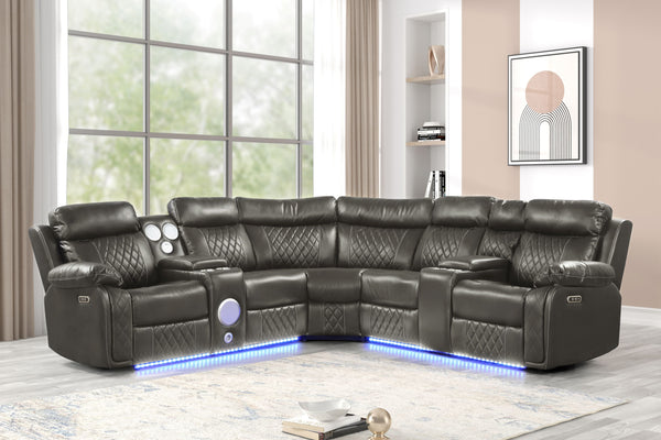 Gray Upholstered LED Sectional with Speakers