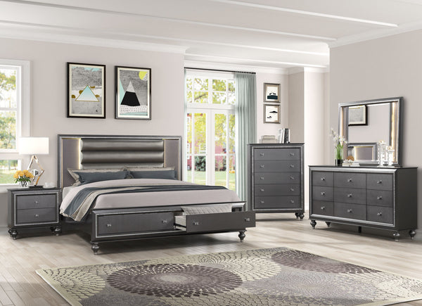 Gray LED Bedroom with Footboard Drawers