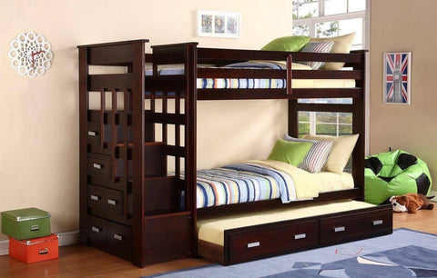 Twin / Twin Espresso Finish Staircase Bunk Bed w/ Trundle Bed & Drawers - Furnlander