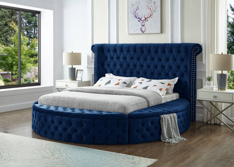 Navy Round Upholstered Bed w/Storage